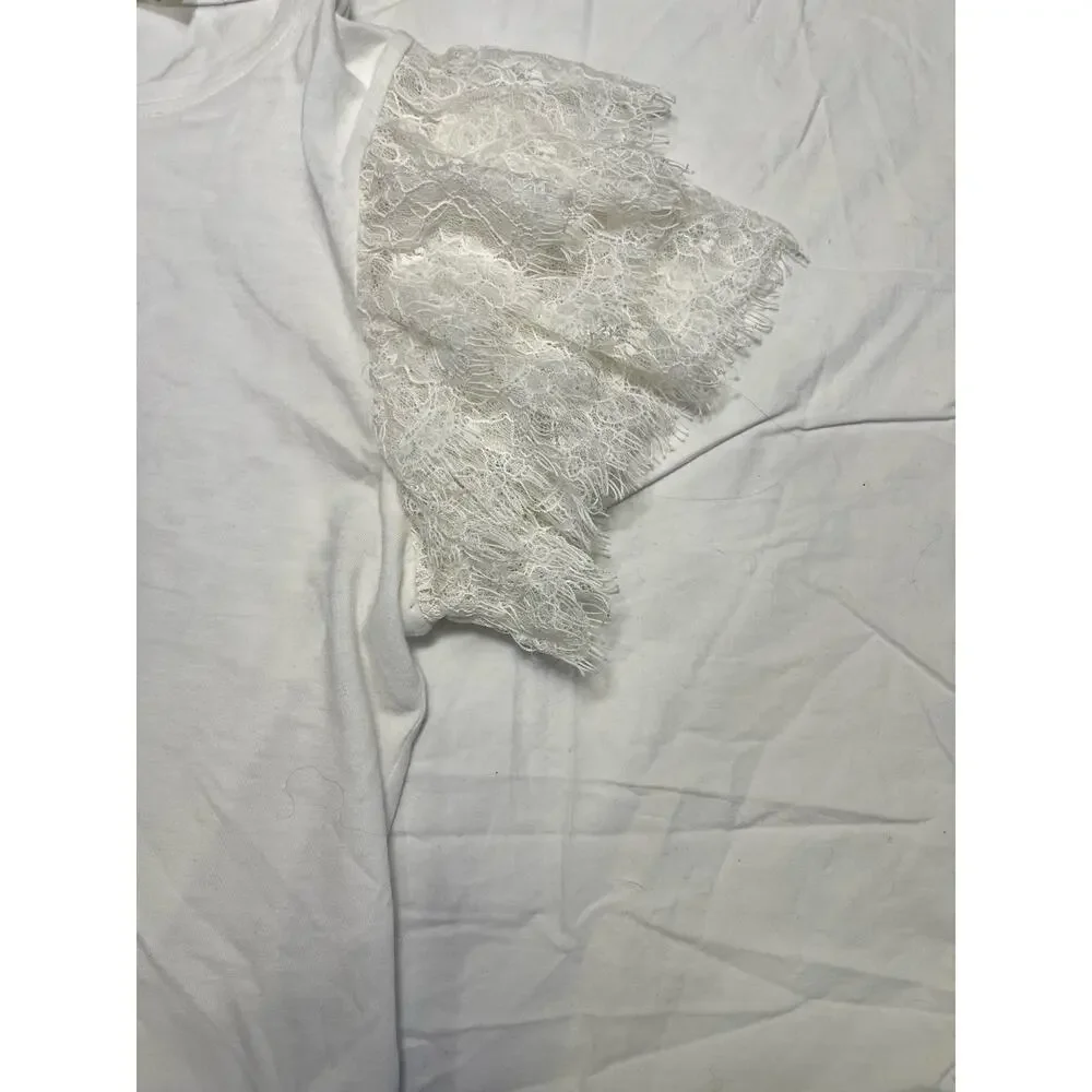 Alice & Olivia White Lace Sleeve Crop Stretchy Romantic Darcelle T-Shirt Medium - Picture 5 of 11